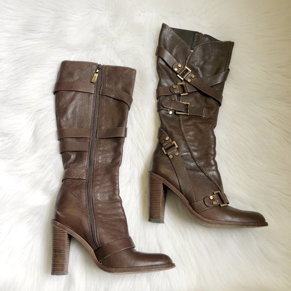 BCBGMaxAzria Shoes - BCBGMAXAZRIA Leather Buckle Heeled Boot SZ 7.5